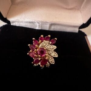 14K Gold Vintage Bypass Ring with Red and White Stones. Size 7.5